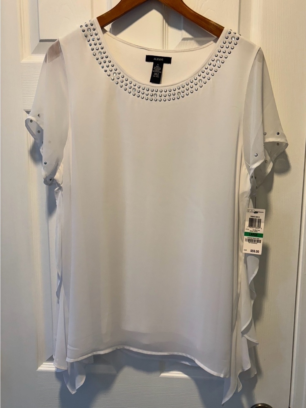 Alfani White Chiffon Short-Sleeve Blouse with Studded Neckline